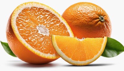 Two oranges cut in half on a white background