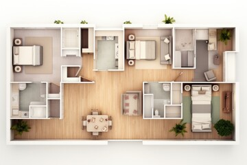Detailed illustration of a furnished lived in single family home floor plan from above isolated on a white background, Decorated single family . Ai generated - obrazy, fototapety, plakaty