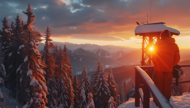 The keeper of a fire lookout tower is observing a gorgeous, stunning sunset over the pinewood forest and tall snowy mountains in the background. Concept about the environment and nature.