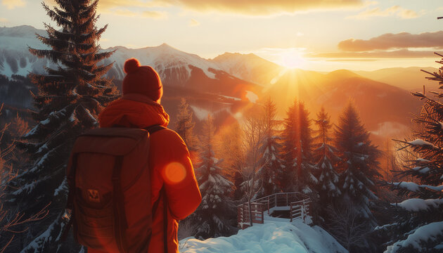 The lonely tourist in a bright orange jacket is observing a stunning sunset landscape in the wild pinewood forest. High snowy mountains are visible in the background.