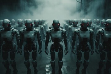  robot assembly or group of cyborgs in factory