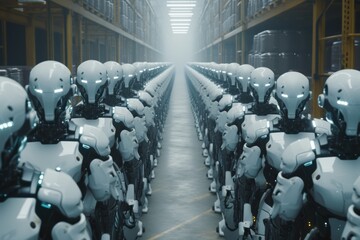Obraz premium robot assembly or group of cyborgs in factory
