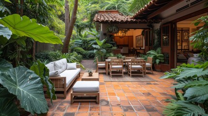 Charming outdoor patio with comfortable seating and lush greenery, ideal for alfresco dining and relaxation
