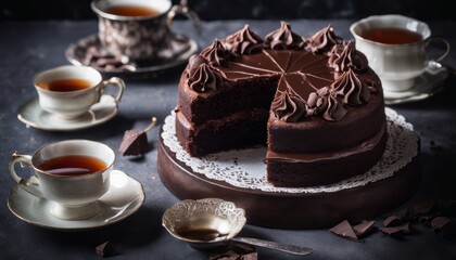 A chocolate cake with chocolate frosting and chocolate shavings on top