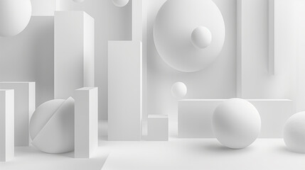 Minimalistic geometric composition with spheres and curves in a monochrome palette