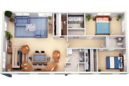 Detailed illustration of a furnished lived in single family home floor plan from above isolated on a white background, Decorated single family . Ai generated