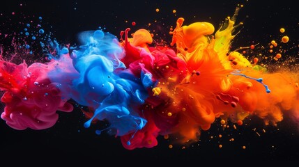 Colorful paint splash. Vibrant color combination. Abstract artwork expression on black background. Liquid explosion in visual dynamism style