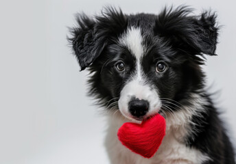 Funny portrait black and white  cute puppy dog holding red heart in mouth 