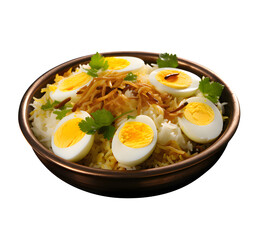 Anda biryani or egg biryani served in handi or plate on transparent background.