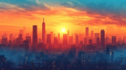 Fototapeta na wymiar Paint a modern city skyline at sunset: sleek skyscrapers silhouetted against a warm sky, bustling streets below, capturing urban energy