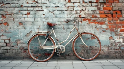 Papier Peint photo Vélo Retro bicycle leaning against a brick wall, symbolizing a slower pace of life and simpler times