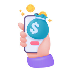 bag of money on mobile phone The idea of ​​saving money through a smart mobile application Profitable investment. Minimal style 3D vector.