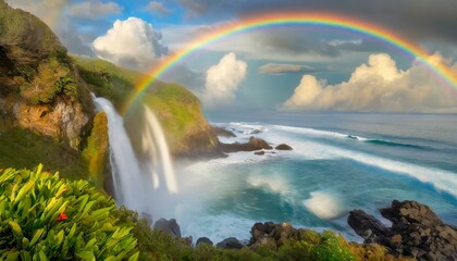 Fototapeta premium View of the beauty of a rainbow in a waterfall on the beach