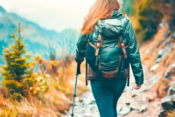 Woman hiker with backpack hiking on mountain trail. Hiking concept.