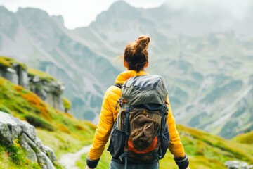 Back view of young woman with backpack hiking in the mountains. Leisure activities concept.