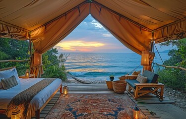 At sunset, a sumptuous beachfront tent with a view of the calm sea and a breathtaking sunset horizon glows warmly beneath a canopy.