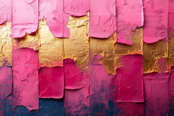 An artwork featuring a painting with pink and gold paint.
