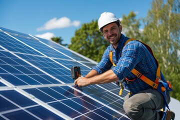 Solar panel technician with drill installing solar panels on house roof on a sunny day.