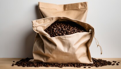 A tan burlap bag filled with coffee beans