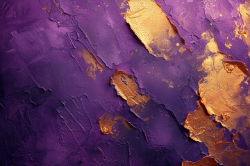 A detailed view of a painting featuring vibrant purple and gold colors.