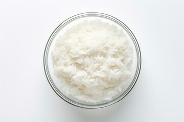 Bowl of rice on a white background, seen from above with a transparent backdrop. Generative AI