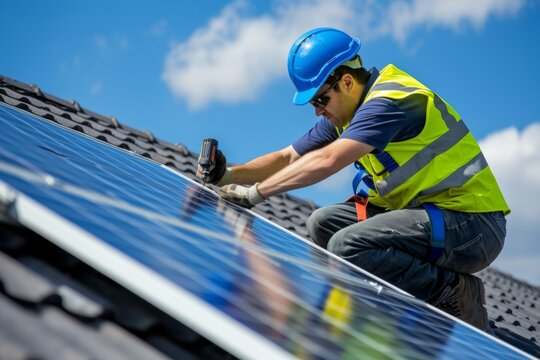 Solar panel technician with drill installing solar panels on house roof on a sunny day.