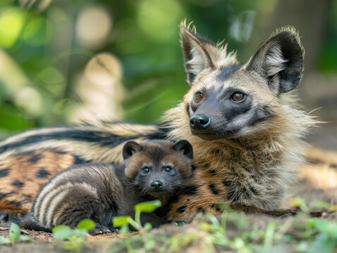 A protective aardwolf mother resting with her pup in a burrow, surrounded by greenery.