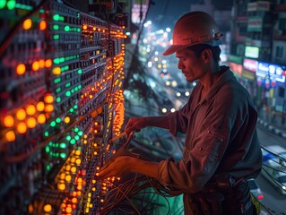 An electrician is repairing electricity with many wires.
