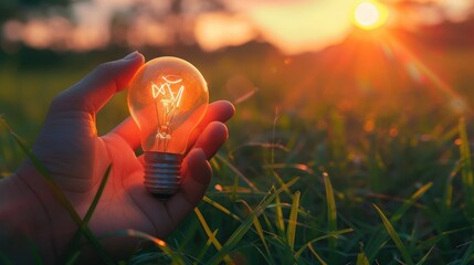 hand hold light bulb on grass with sunset power energy concept nature - Powered by Adobe
