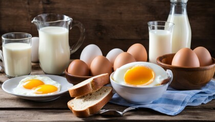 A wooden table with eggs, bread, milk and juice