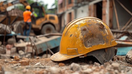 helmet in construction site and construction site worker background safety first concept
