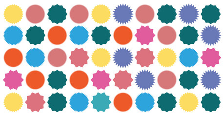 Set of vector starburst, sunburst badges. Nine different color. Simple flat style Vintage labels. Design elements. Colored stickers. A collection of different types and colors icon