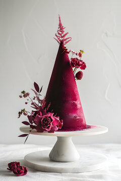 modern red cake, geometric cone shape, decorated with flowers, red velvet