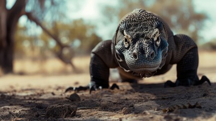 Komodo dragon is on the ground. Interesting perspective. The low point shooting
