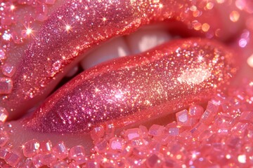 A detailed close-up shot of a pink lip covered in glitter, showcasing its sparkling texture and vibrant color.