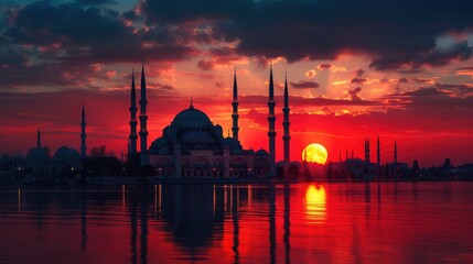Obraz premium Mosque sunset sky, moon, holy night, islamic night and silhouette mosque, islamic wallpaper
