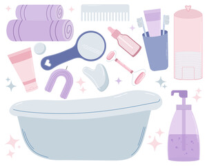 Vector set with decorations for the bathroom. Flat illustrations of toilet items in cartoon style isolated on white background