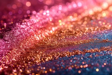 sparkling glitter texture with a shimmering gradient transition from pink to gold and blue