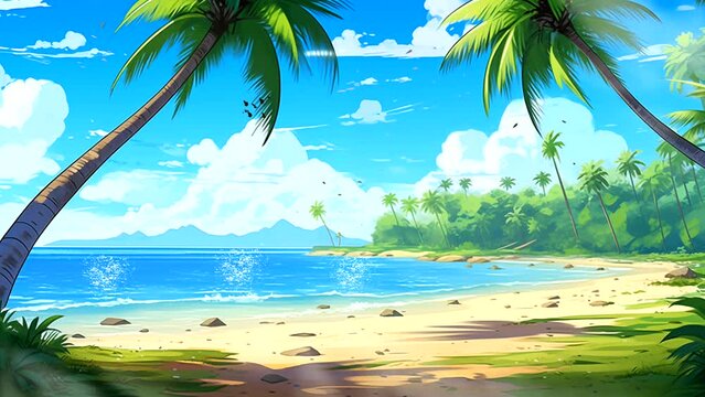 View on the beach with palm trees and greenery. Seamless looping 4k time-lapse virtual video animation background