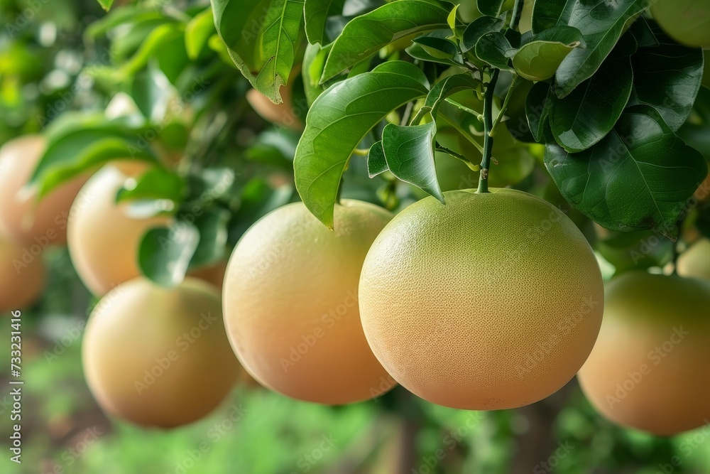 Poster A cluster of ripe grapefruits hangs from the branches of a tree in a sunny orchard.