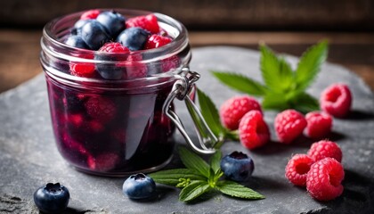 A jar of jam with blueberries and raspberries on top