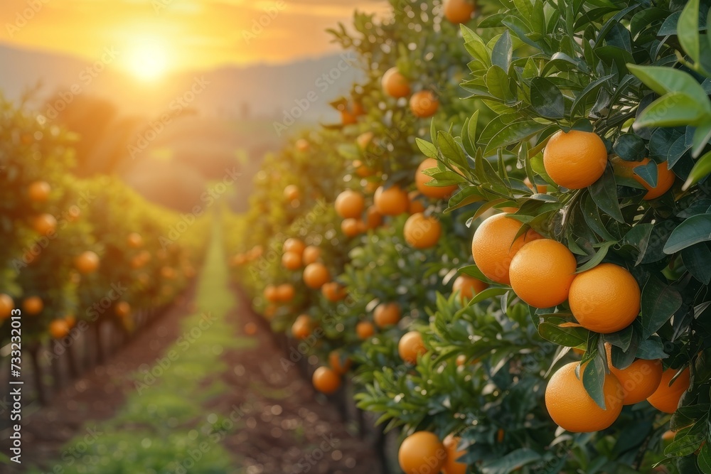 Aufkleber A vibrant field of oranges illuminated by the setting sun, creating a warm and colorful scene.