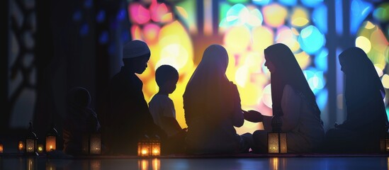 An islamic family prayer on a mosque during Ramadan evening day. Generated AI
