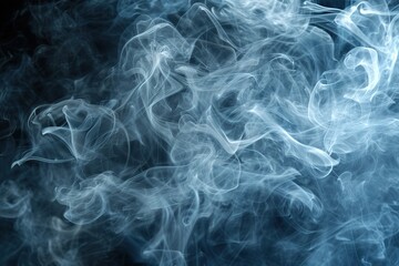 Obraz premium A thick blue swirling smoke pattern in front of a black background/drifting smoke overlay or texture.