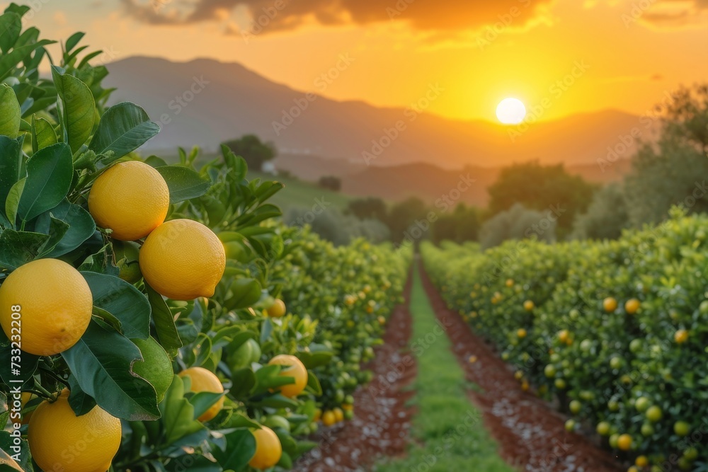 Poster a picturesque scene of a field of lemons with the sun setting in the background.
