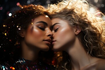 Two lesbians on a rainbow glitter background for LGBTQ+ related awareness days - obrazy, fototapety, plakaty