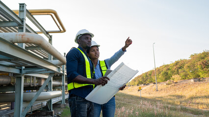 Young mechanical engineer holding blueprint drawing to checking and inspection gas pipeline system new construction project of industrial.