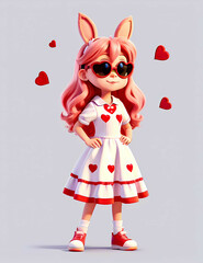 Little girl with pink hair and red heart shaped glasses wearing pretty dress, sneakers and bunny ears. Kids illustration, cartoon character concept