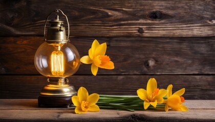 A lamp with a lit bulb and yellow flowers