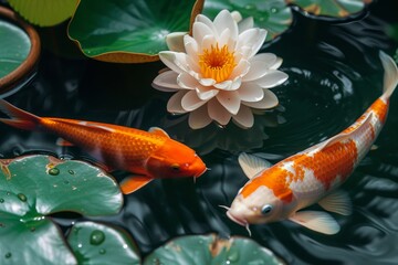 Koi Fish Swimming Near Water Lily in a Pond.